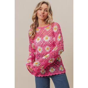 BiBi Pink Daisy Floral Crochet Lace Cover Up Bell Sleeve Sweater Size Small NEW